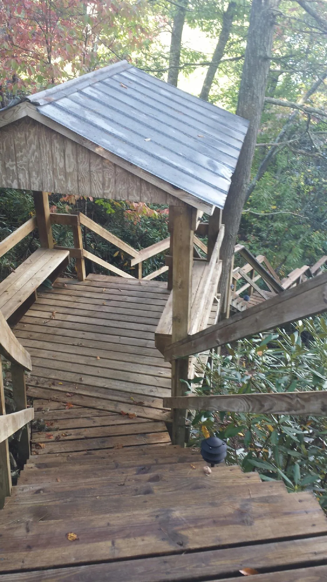 Metal roofed shelter over wooden steps on a wooded walkway — Skylight Repair & Installation work by our crew in Bosler